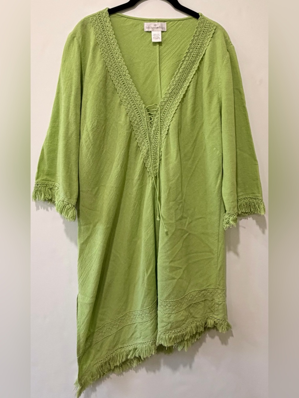 Soft Surroundings 100% Cotton Crochet Trim Fringe Tunic Cover-Up Lime Green Sz L